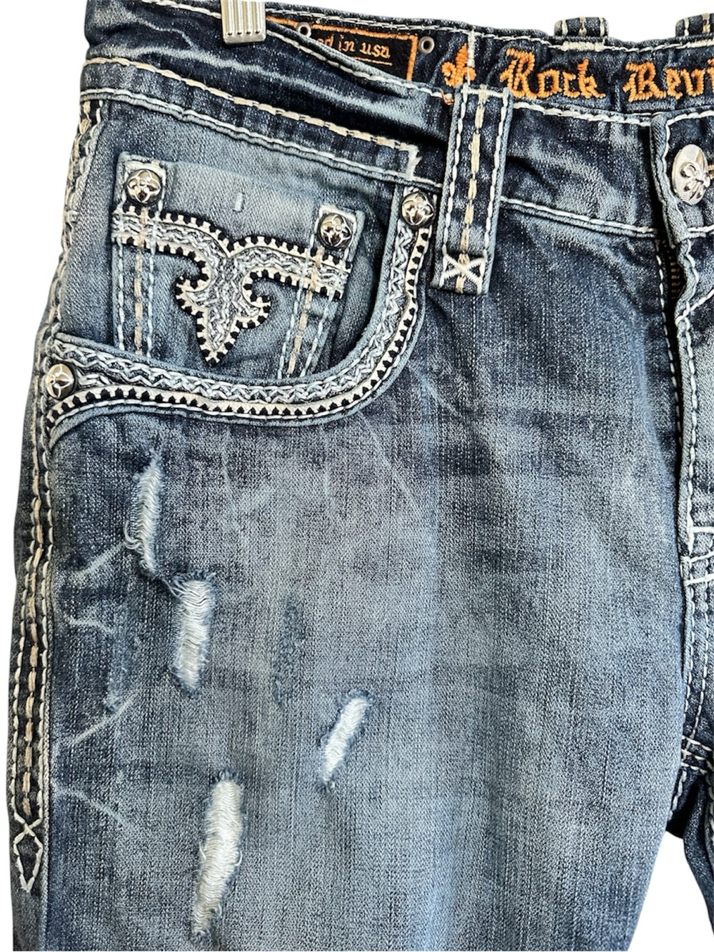 Rock Revival Ocean Straight Distressed Blue Jeans - Picture 6 of 10